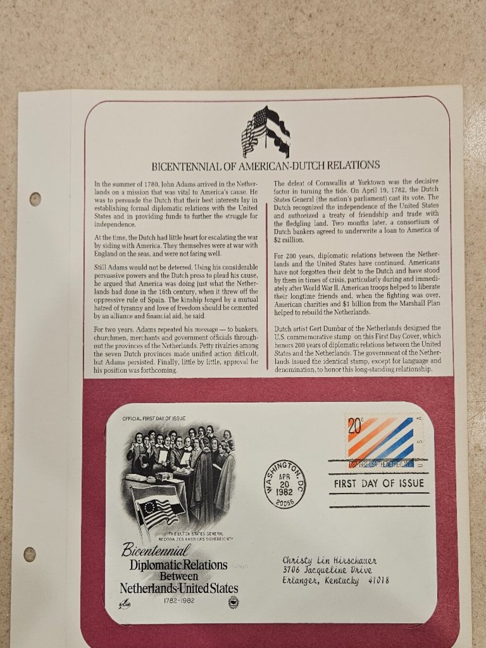 RARE COLLECTIBLE USPS 1ST DAY ISSUE COVER NETHERLANDS US RELATIONS STAMP FDC